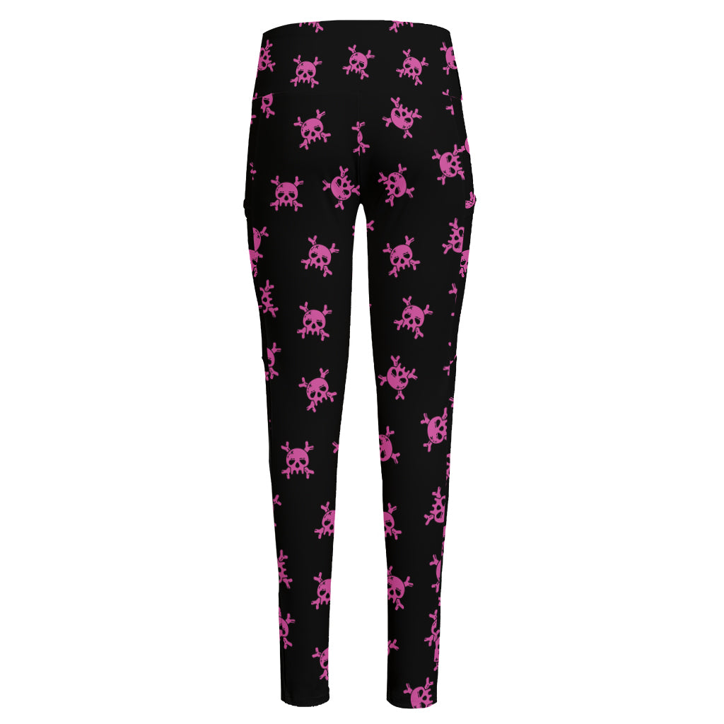 Pink Emo Skull Pattern Print High-Waisted Pocket Leggings