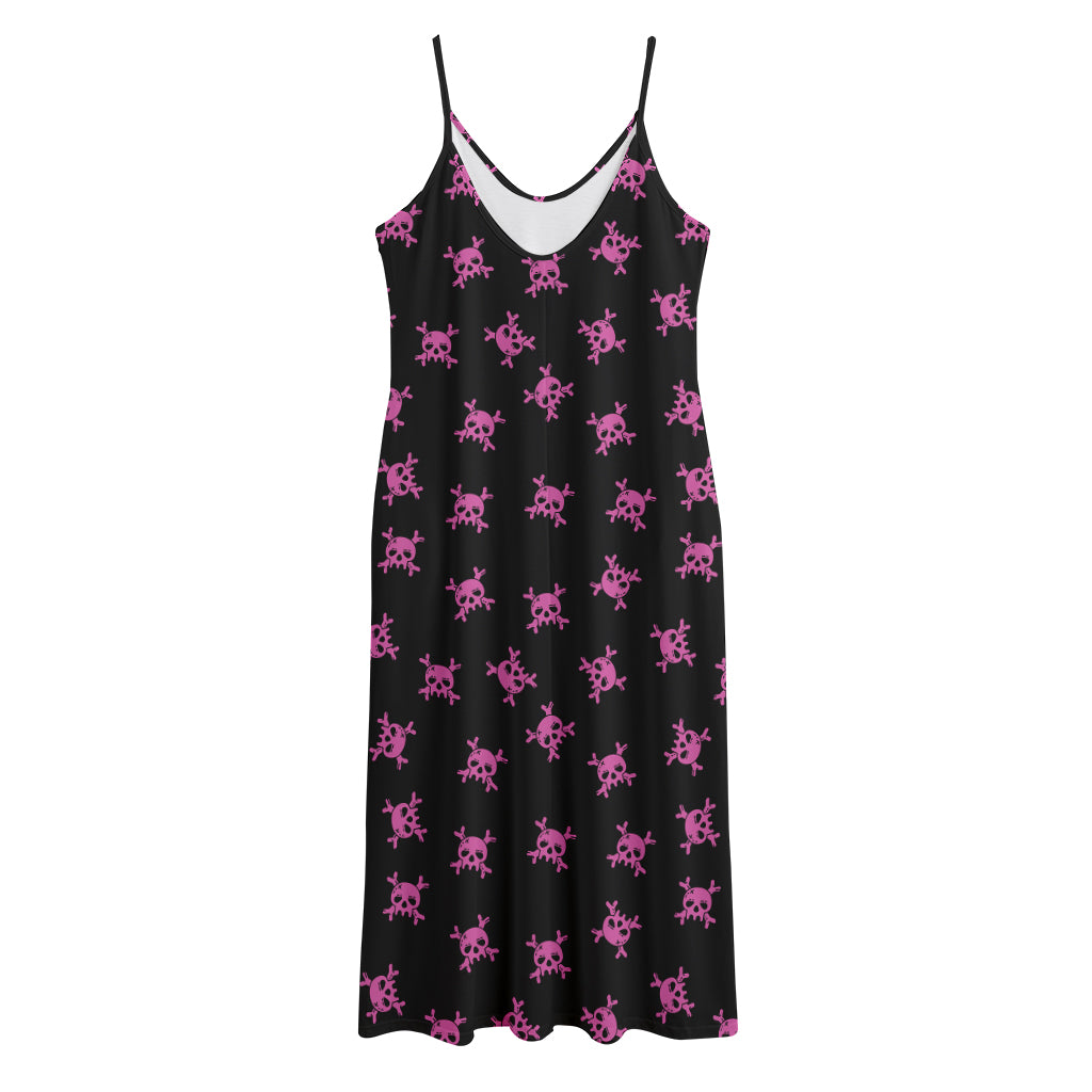 Pink Emo Skull Pattern Print Jersey Midi Cami Dress