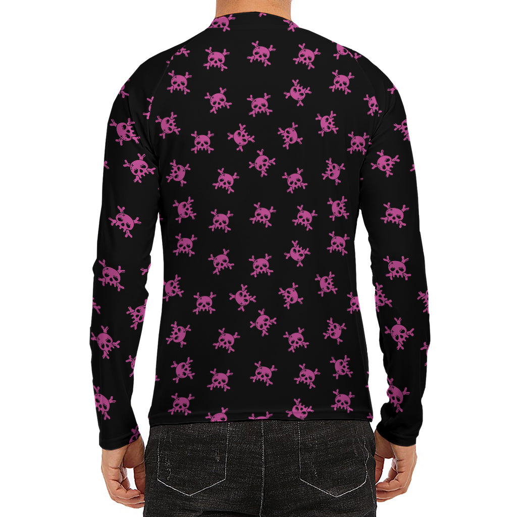 Pink Emo Skull Pattern Print Men's Long Sleeve Rash Guard