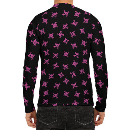 Pink Emo Skull Pattern Print Men's Long Sleeve Rash Guard