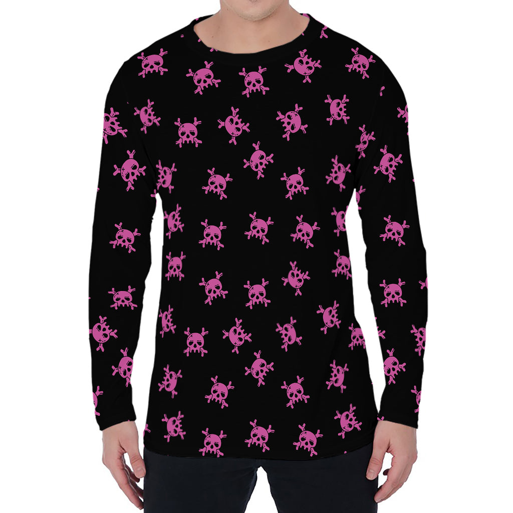 Pink Emo Skull Pattern Print Men's Long Sleeve T-Shirt
