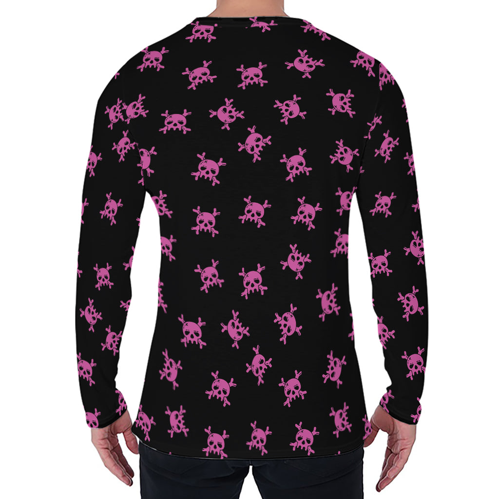 Pink Emo Skull Pattern Print Men's Long Sleeve T-Shirt