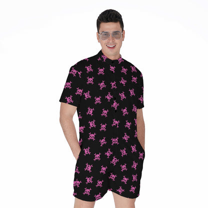 Pink Emo Skull Pattern Print Men's Rompers