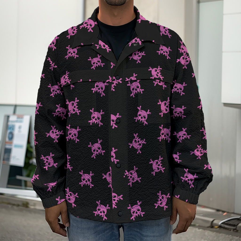Pink Emo Skull Pattern Print Men's Shirt Jacket
