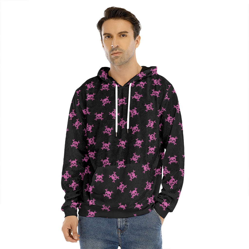 Pink Emo Skull Pattern Print Men's Velvet Pullover Hoodie