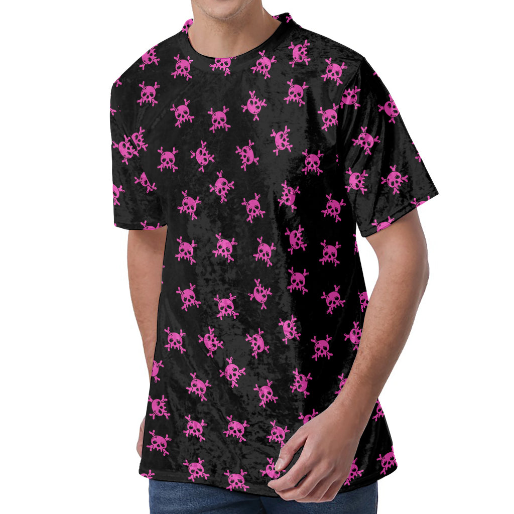 Pink Emo Skull Pattern Print Men's Velvet T-Shirt