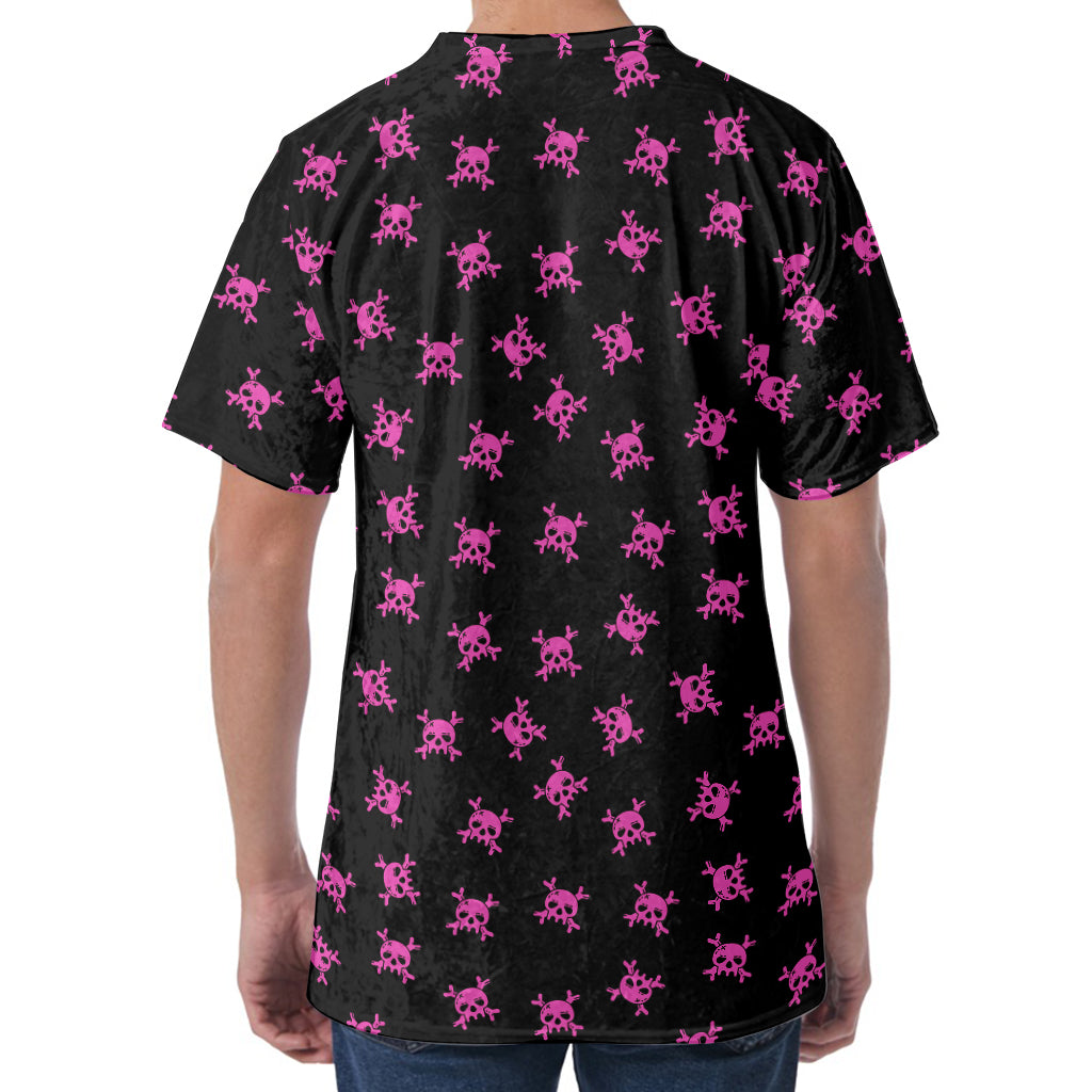 Pink Emo Skull Pattern Print Men's Velvet T-Shirt