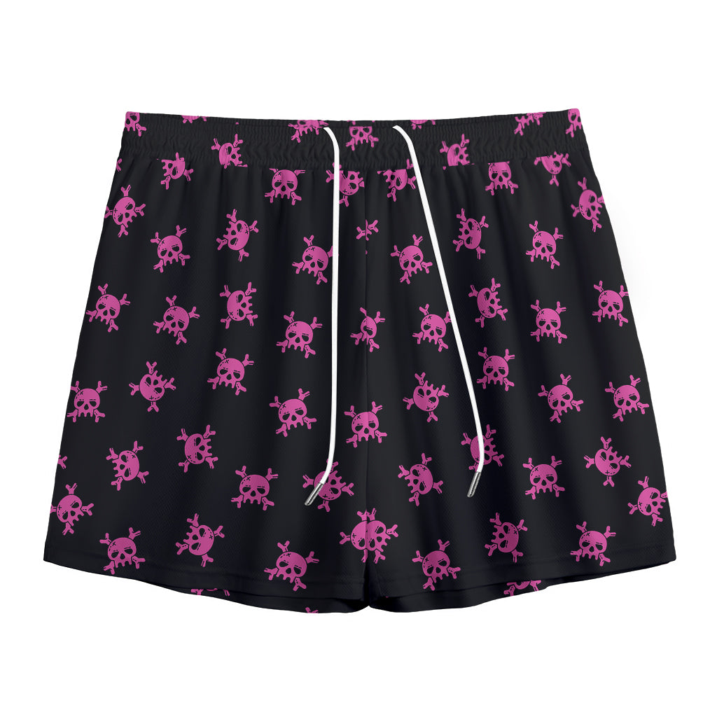 Pink Emo Skull Pattern Print Mesh Shorts