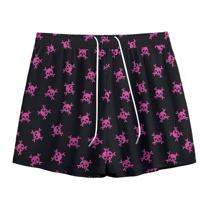 Pink Emo Skull Pattern Print Mesh Shorts
