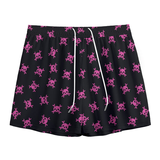 Pink Emo Skull Pattern Print Mesh Shorts