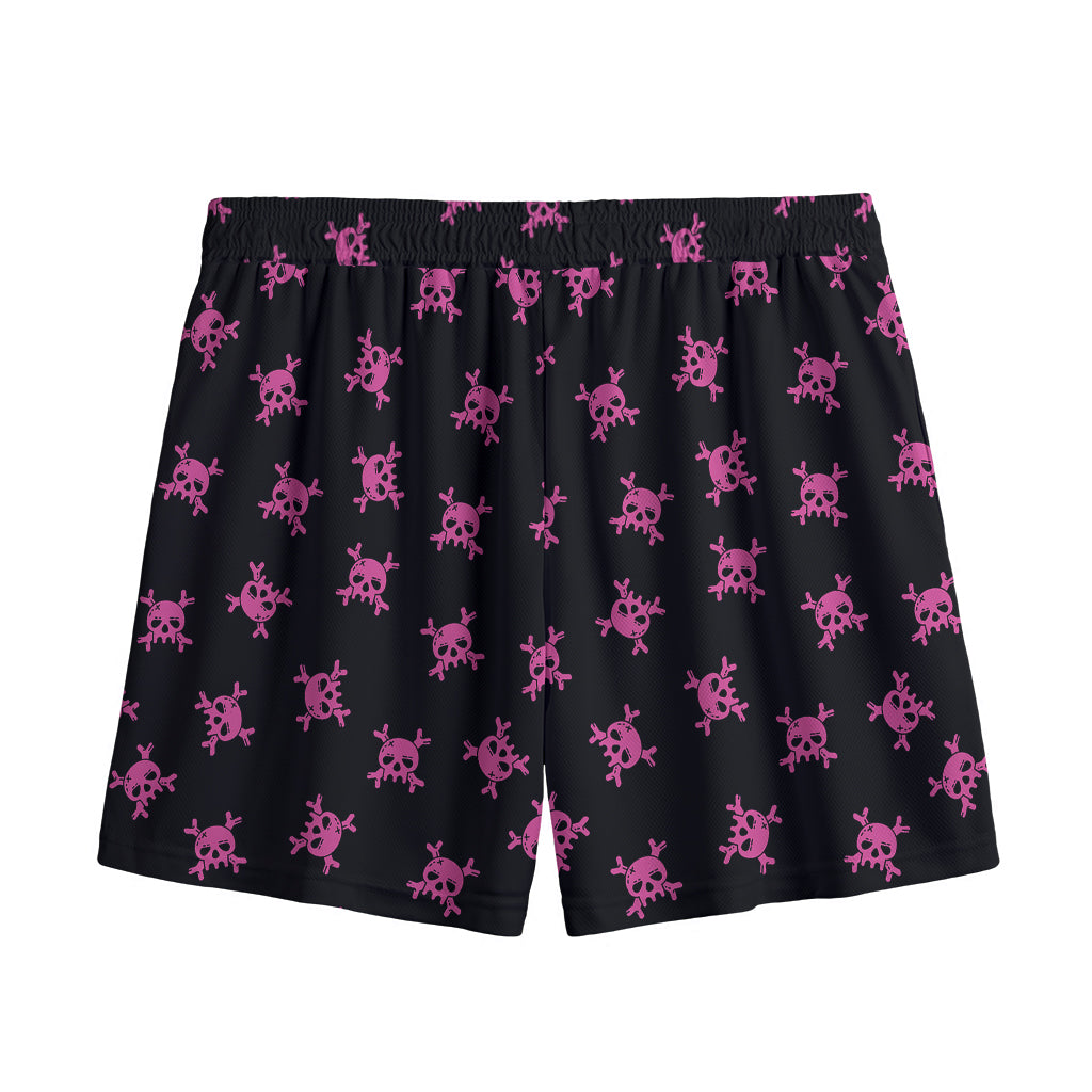 Pink Emo Skull Pattern Print Mesh Shorts