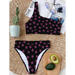 Pink Emo Skull Pattern Print One Shoulder Bikini Top