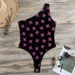 Pink Emo Skull Pattern Print One Shoulder Bodysuit