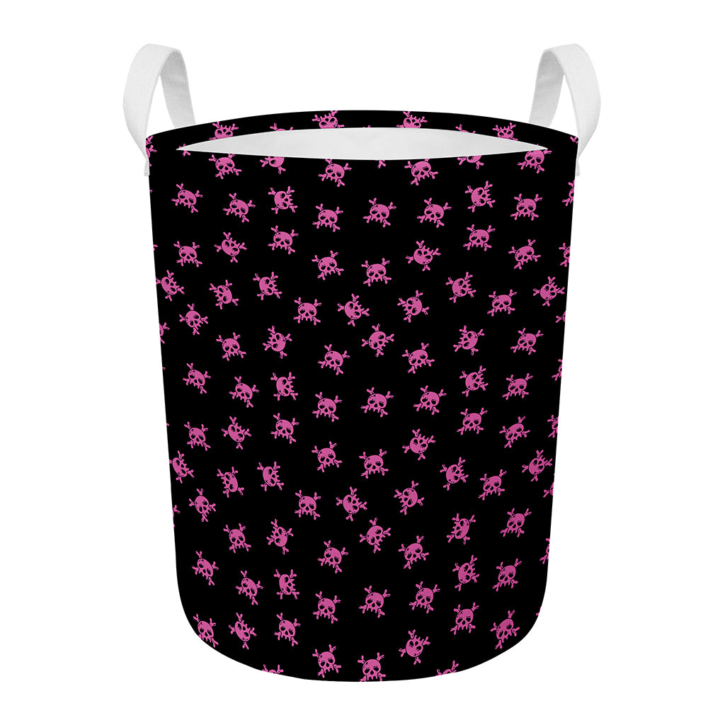 Pink Emo Skull Pattern Print Round Laundry Basket