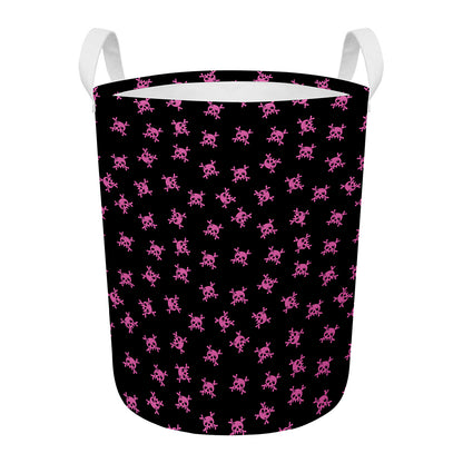 Pink Emo Skull Pattern Print Round Laundry Basket