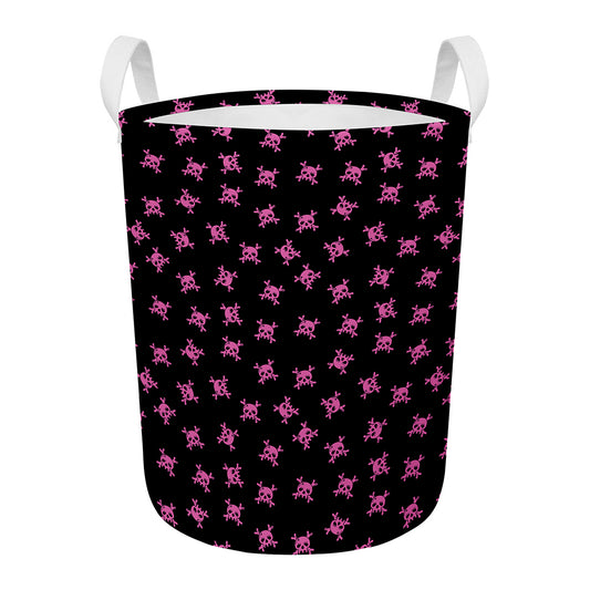 Pink Emo Skull Pattern Print Round Laundry Basket