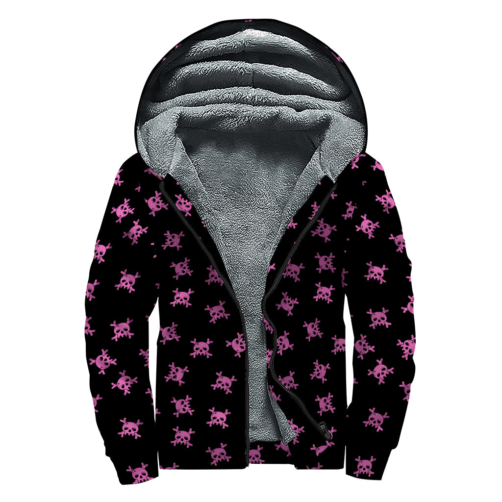 Pink Emo Skull Pattern Print Sherpa Lined Zip Up Hoodie