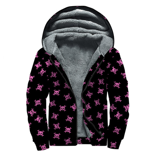 Pink Emo Skull Pattern Print Sherpa Lined Zip Up Hoodie