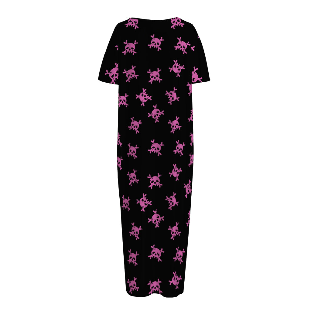 Pink Emo Skull Pattern Print Short Sleeve Long Nightdress