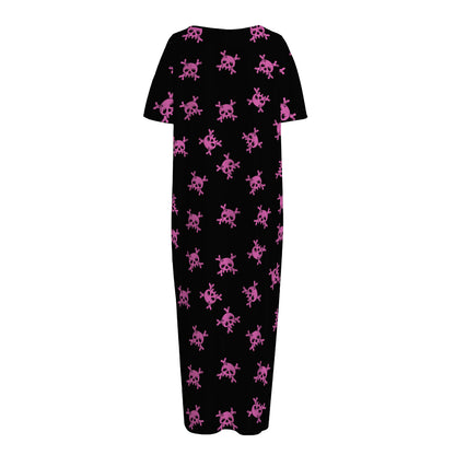 Pink Emo Skull Pattern Print Short Sleeve Long Nightdress
