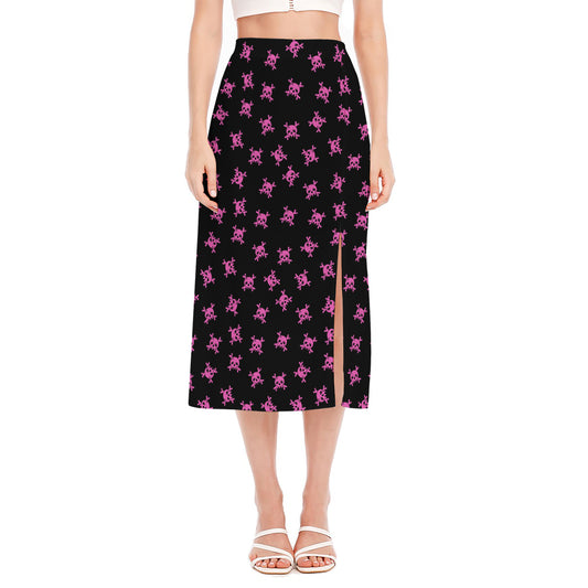 Pink Emo Skull Pattern Print Side Slit Midi Skirt