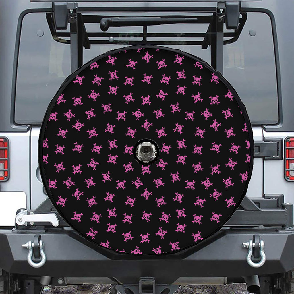 Pink Emo Skull Pattern Print Tire Cover With Camera Hole