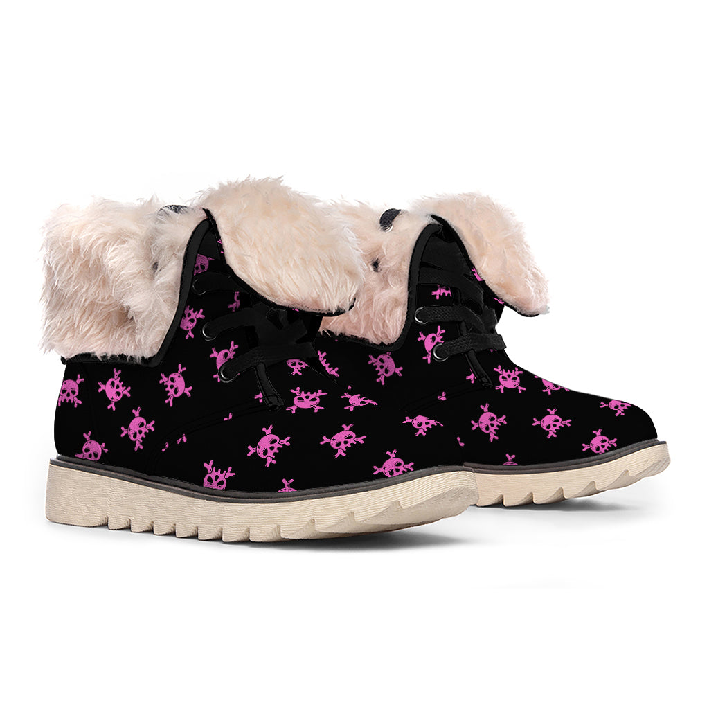 Pink Emo Skull Pattern Print Winter Boots