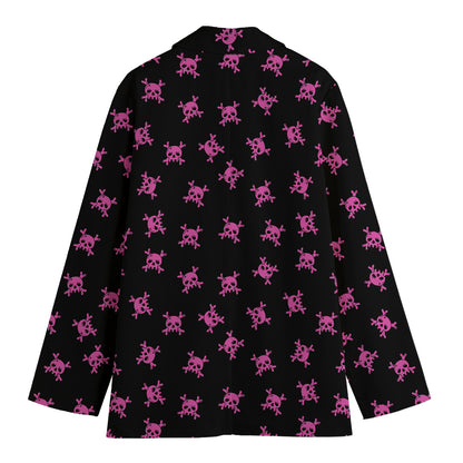 Pink Emo Skull Pattern Print Women's Cotton Blazer