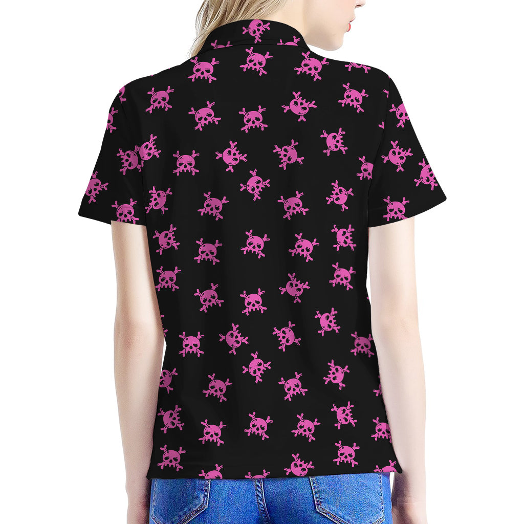Pink Emo Skull Pattern Print Women's Polo Shirt