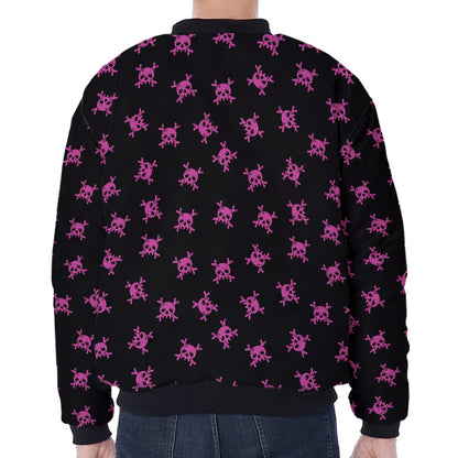 Pink Emo Skull Pattern Print Zip Sleeve Bomber Jacket