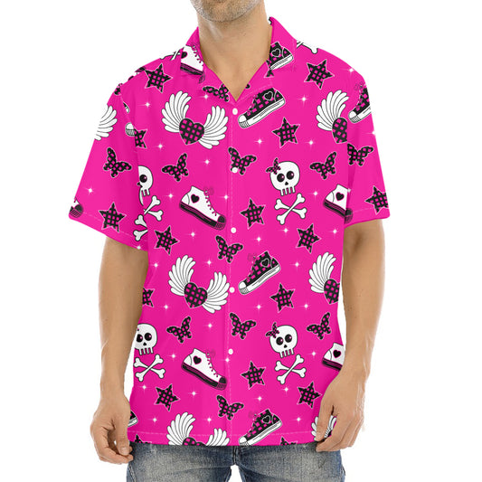 Pink Emo Symbols Pattern Print Aloha Shirt