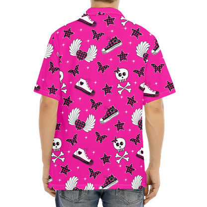 Pink Emo Symbols Pattern Print Aloha Shirt