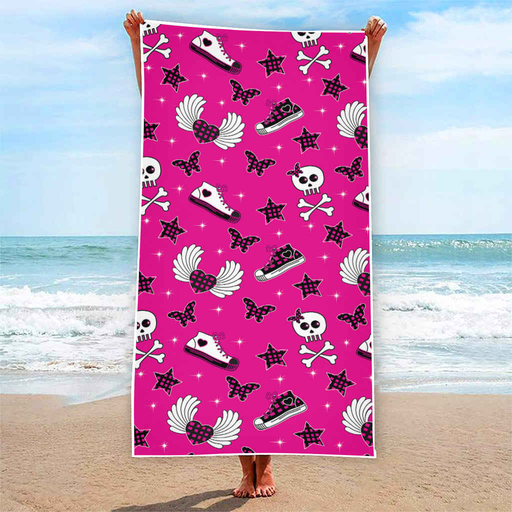 Pink Emo Symbols Pattern Print Beach Towel