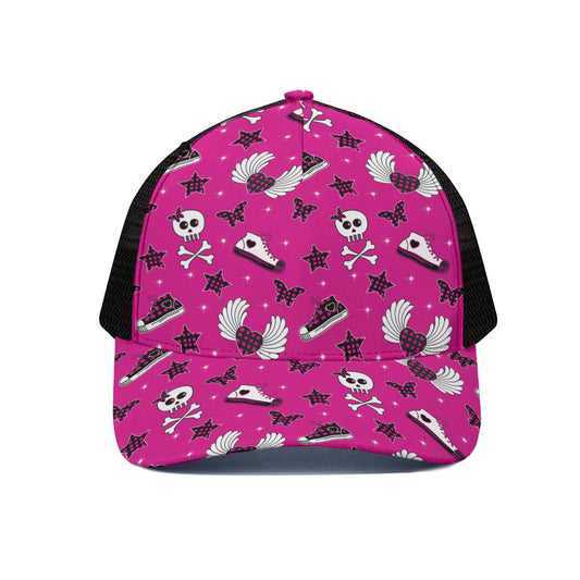 Pink Emo Symbols Pattern Print Black Mesh Trucker Cap