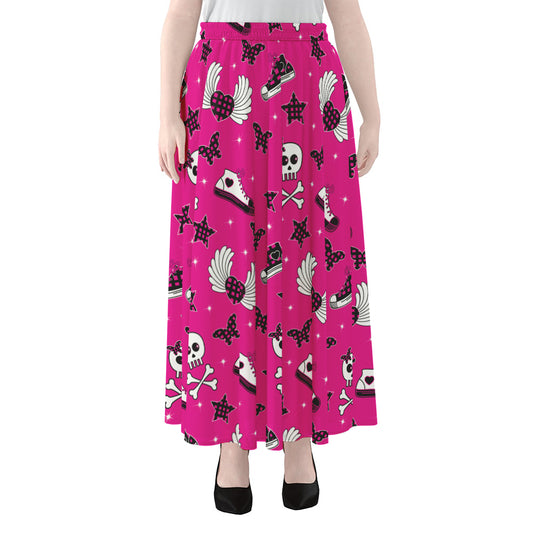 Pink Emo Symbols Pattern Print Chiffon Maxi Skirt