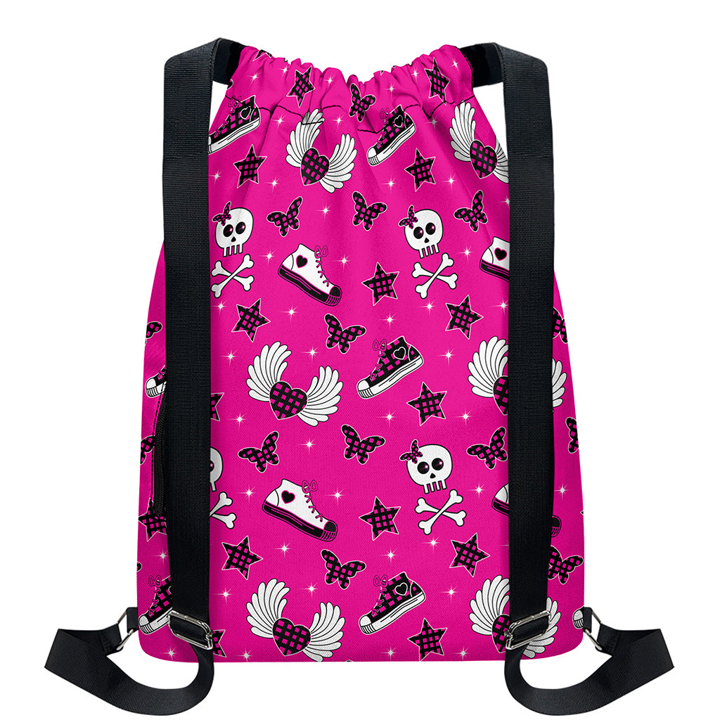 Pink Emo Symbols Pattern Print Drawstring Backpack