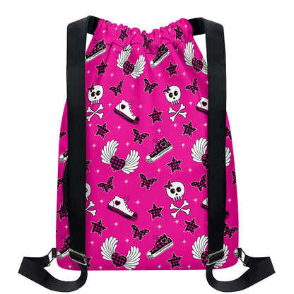 Pink Emo Symbols Pattern Print Drawstring Backpack