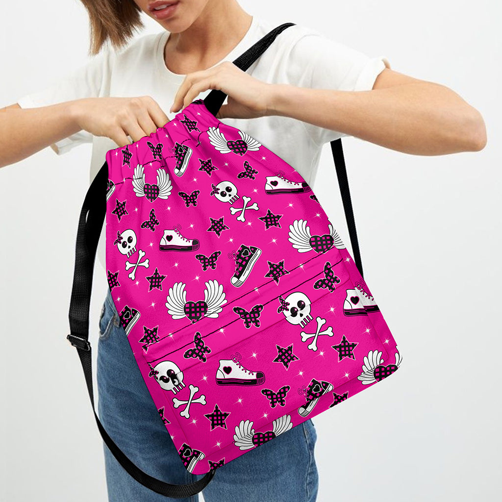 Pink Emo Symbols Pattern Print Drawstring Backpack