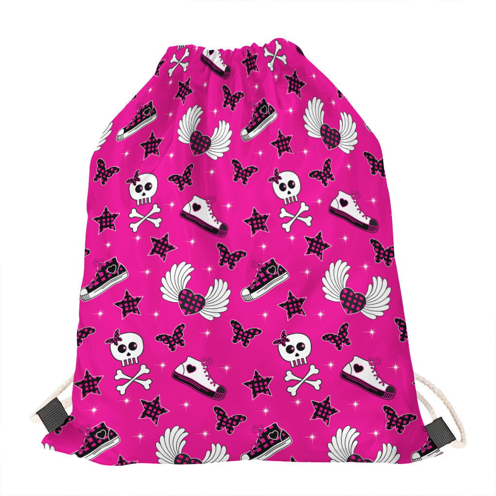 Pink Emo Symbols Pattern Print Drawstring Bag