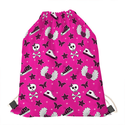 Pink Emo Symbols Pattern Print Drawstring Bag