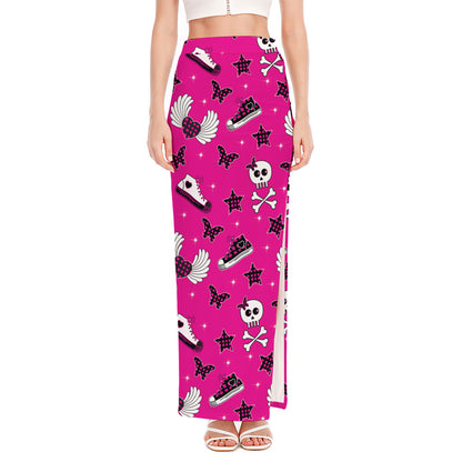 Pink Emo Symbols Pattern Print High Slit Maxi Skirt