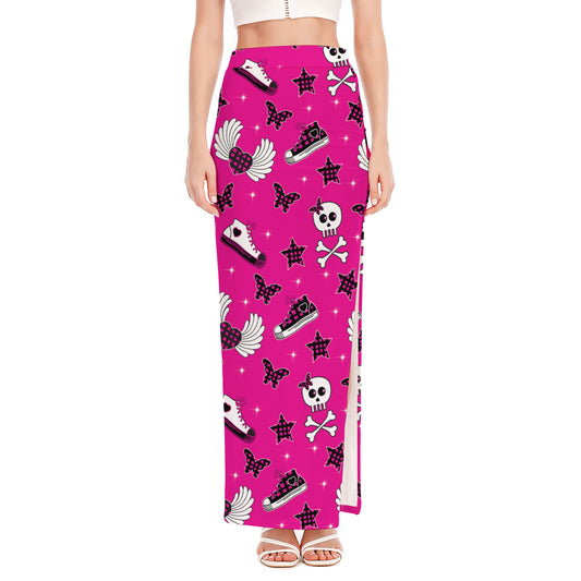 Pink Emo Symbols Pattern Print High Slit Maxi Skirt