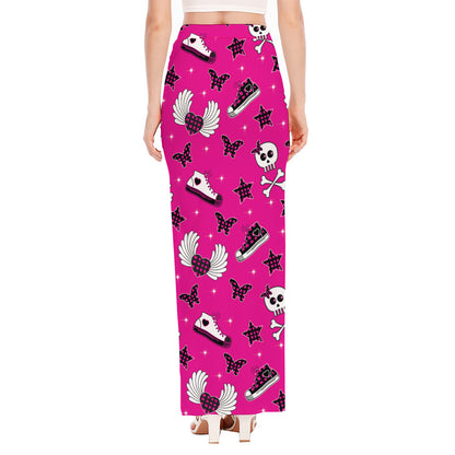Pink Emo Symbols Pattern Print High Slit Maxi Skirt