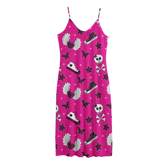 Pink Emo Symbols Pattern Print Jersey Midi Cami Dress