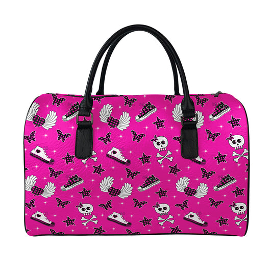Pink Emo Symbols Pattern Print Leather Duffle Bag