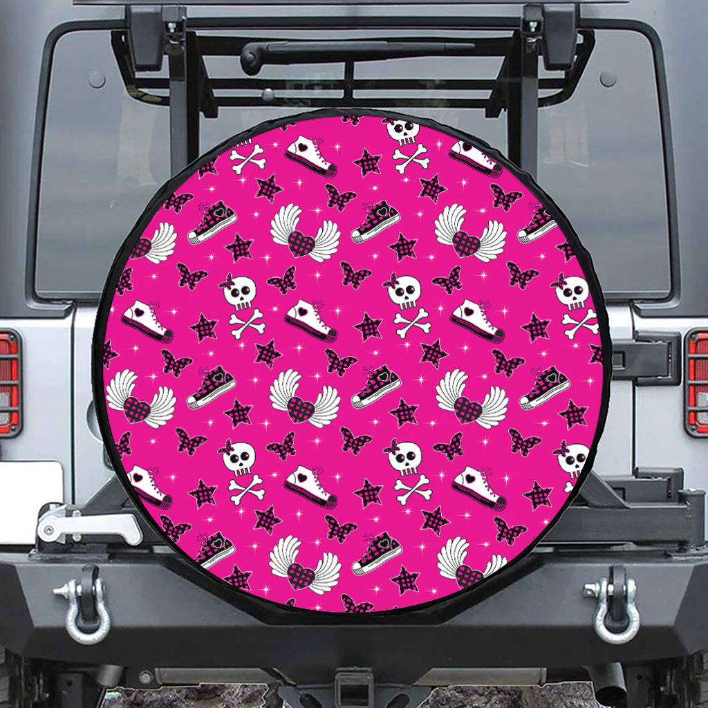 Pink Emo Symbols Pattern Print Leather Spare Tire Cover