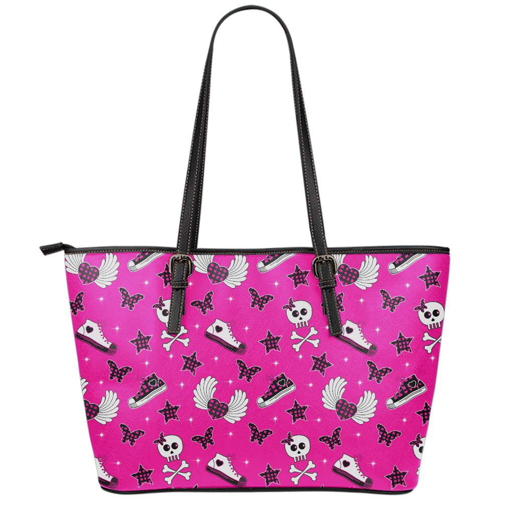 Pink Emo Symbols Pattern Print Leather Tote Bag