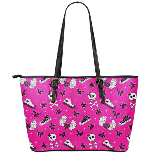 Pink Emo Symbols Pattern Print Leather Tote Bag
