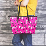 Pink Emo Symbols Pattern Print Leather Tote Bag