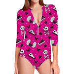 Pink Emo Symbols Pattern Print Long Sleeve Swimsuit
